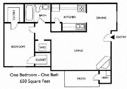 Floor plan for 1 bed, 1 bath, 650 sqft